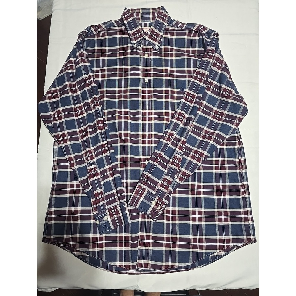 Brooks Brothers Shirt Mens L Madison Dark Blue Maroon Plaid Button Down